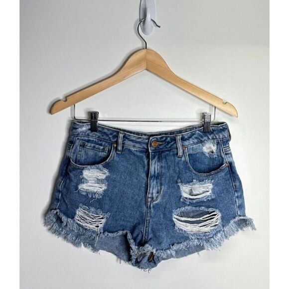 Pacsun High Rise Festival Denim Shorts Distressed Frayed Hem Blue Size 28 - Picture 4 of 6